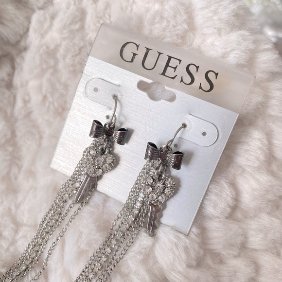 Guess Silver Tone Long Tassel Bow Drop Earrings NWT - Picture 3 of 6